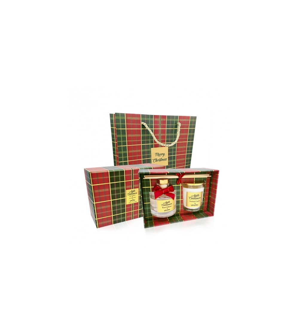 Αρωματικό σετ δώρου χριστουγεννιάτικο καρό apple cinnamon 100ml + 100ml μαζί με τσάντα